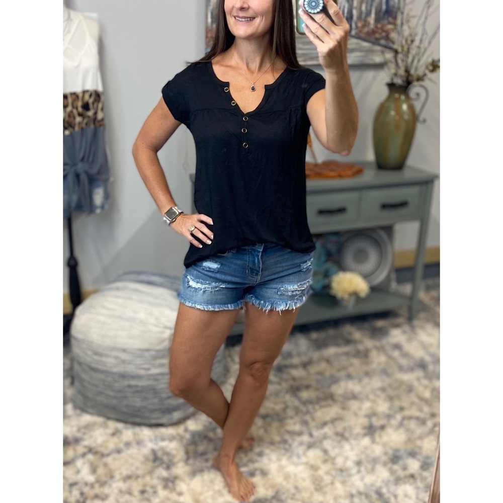 Melange Burnout Henley V-neck Floaty Short Cuffed Tabbed Sleeve Black 3221 - Picture 6 of 13